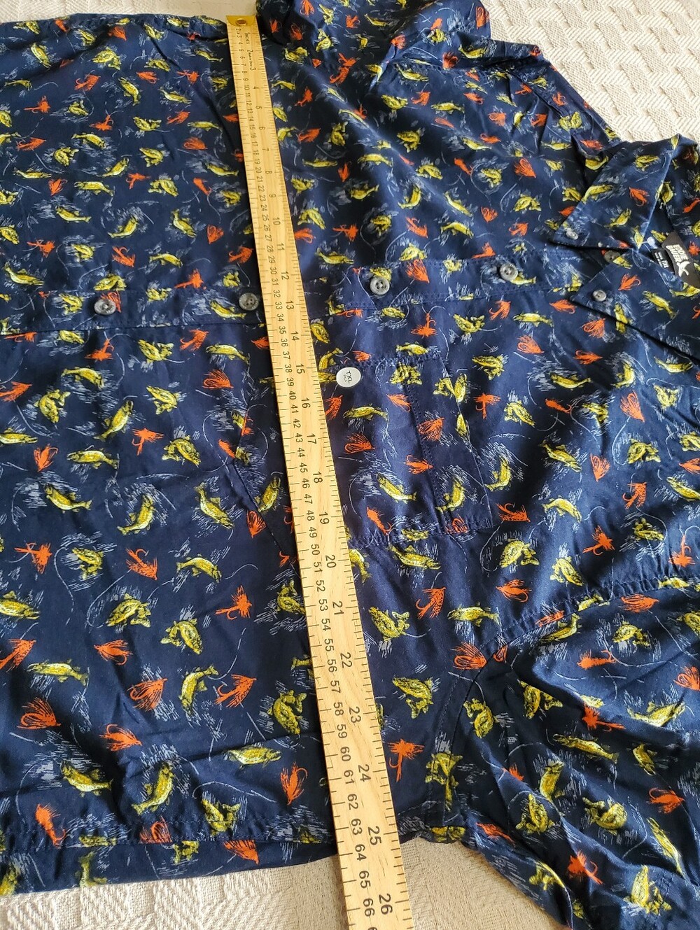 Eddie Bauer Baja Shirt Brook Fish Bait Cotton Navy Button Up Short Sleeve TXL - Picture 6 of 10
